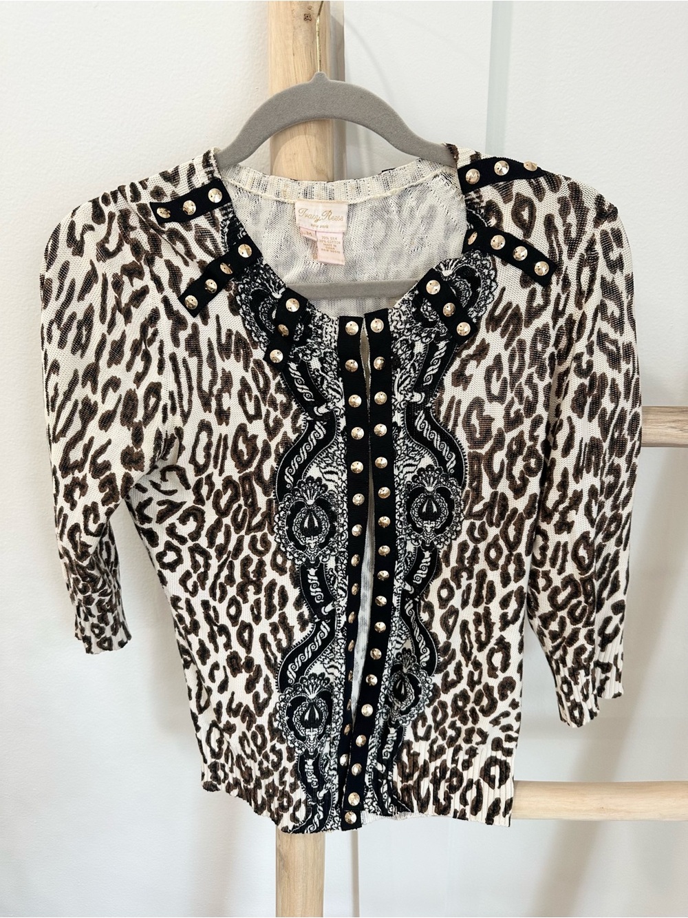 Tracy Reese Leopard Print Cardigan with Studded Black Trim - Brown/White